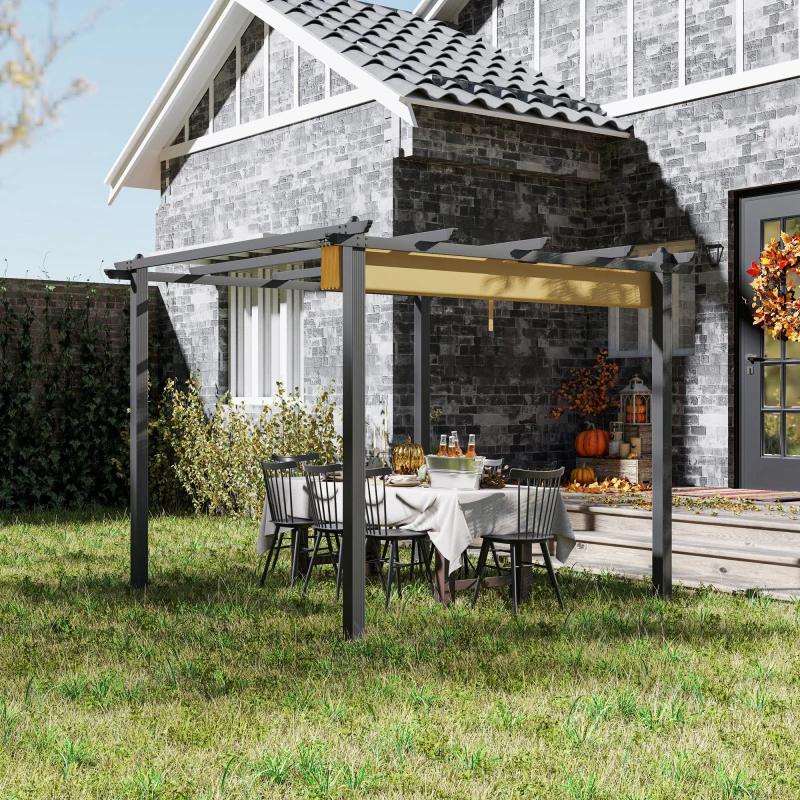 Image of Outsunny 3 x 3(m) Aluminium Pergola with Retractable Roof, Garden Gazebo Khaki