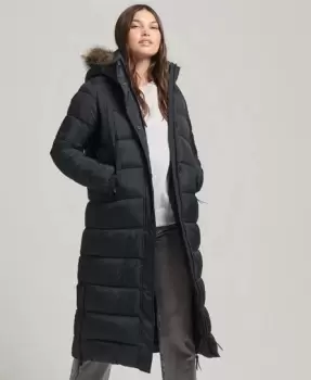 Image of Superdry Womens Faux Fur Hooded Longline Puffer Black / Jet Black - Size: 10