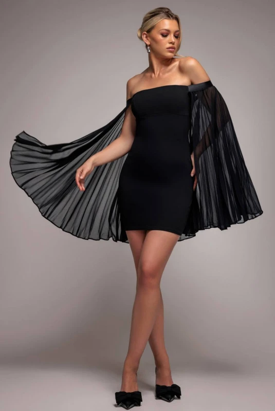 Image of Goddiva Womens Strapless Mini Dress With Pleated Chiffon Cape in Black Size: 8 Black Female 8