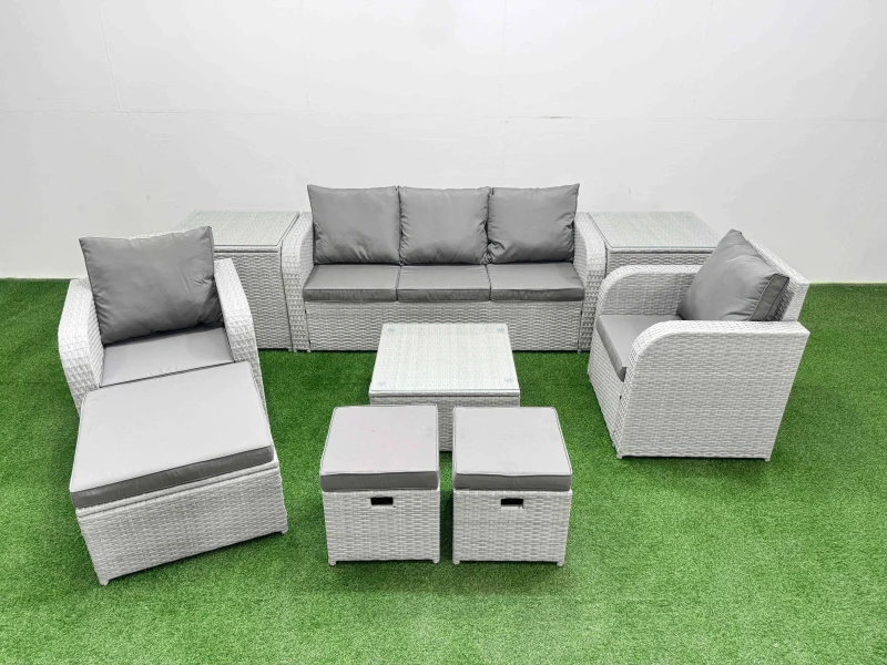 Image of Fimous PE Rattan Garden Furniture Set Reclining Chair Sofa Lounge Sofa Set Square Coffee Table 2 Side Table 3 Stools Light Grey Light Grey