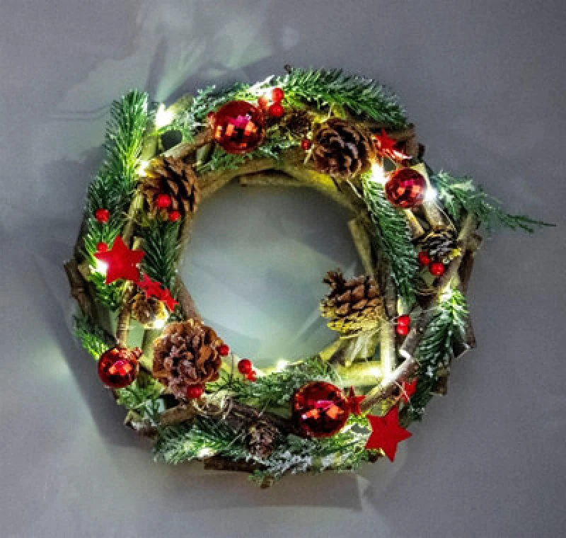 Image of Shatchi 22cm Prelit Battery Operated Christmas Home Hanging Wooden Twigs Base Decorated with Micro Rice LED Lights Red