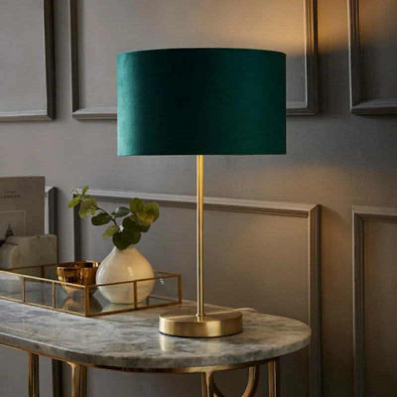 Image of ValueLights ValueLights Charlie Gold Stem Table Lamp with Velvet Drum with Gold Inner Lamp Shade in Bottle Green Bottle Green One Size Unisex 50594060