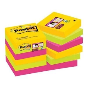 image of Post-It Super Sticky 51 x 51mm Re-positional Note Pad Assorted Colours 12 x 90 Sheets - Rio De Janeiro Collection