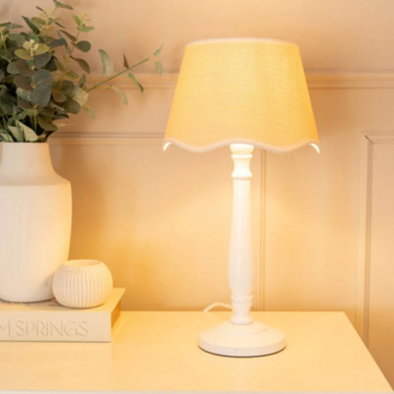 Image of ValueLights Victoria White Wood Candlestick Table Lamp with Linen Scallop Trim Tapered Shade White