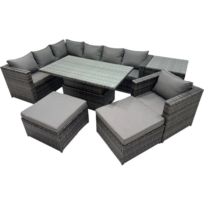 Image of Fimous 9-seater Rattan Garden Furniture Dining Set with Side Table Big Stool in Dark Grey Dark Grey Unisex