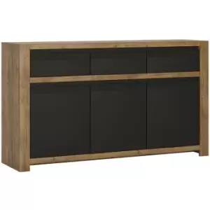 image of Havana 3 door 3 drawer sideboard in Lefkas Oak with matte Black fronts - Lefkas Oak with matte Black fronts