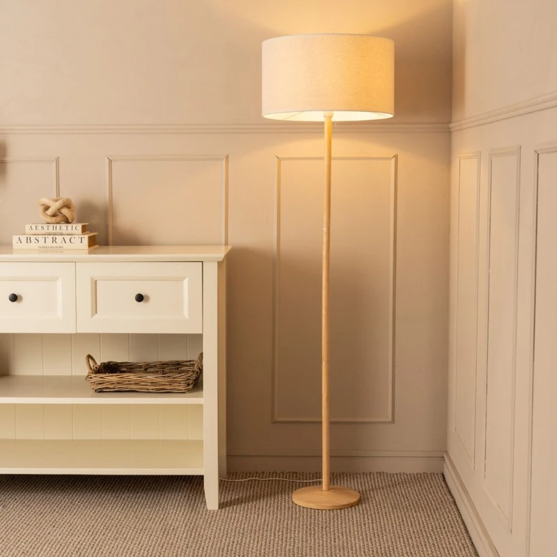 Image of ValueLights Triston Natural Light Wood Stem Floor Lamp with Linen Trim Drum Lamp Shade White
