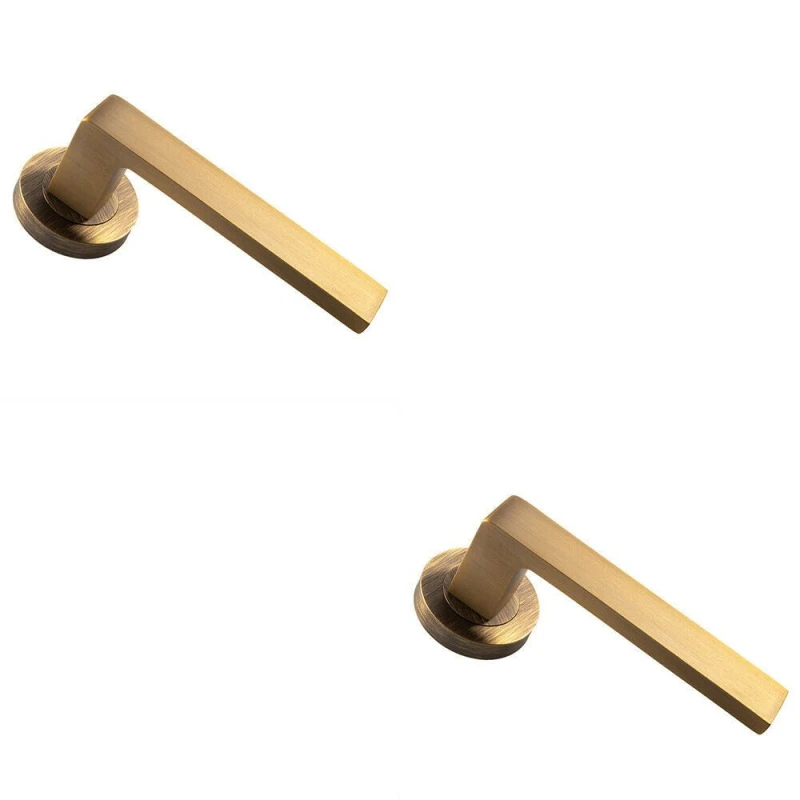 Image of Loops 2x PAIR Straight Square Handle on Round Rose Concealed Fix Antique Brass Metallics