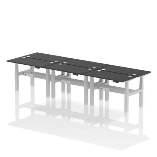 Image of Air Air Back-to-Back 1200 x 600mm Height Adjustable 6 Person Bench Desk Black Top with Cable Ports Silver Frame HASCP6P12600BLKS