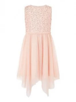 image of Monsoon Girls Sequin Frill Hanky Hem Dress - Peach, Size 3 Years, Women