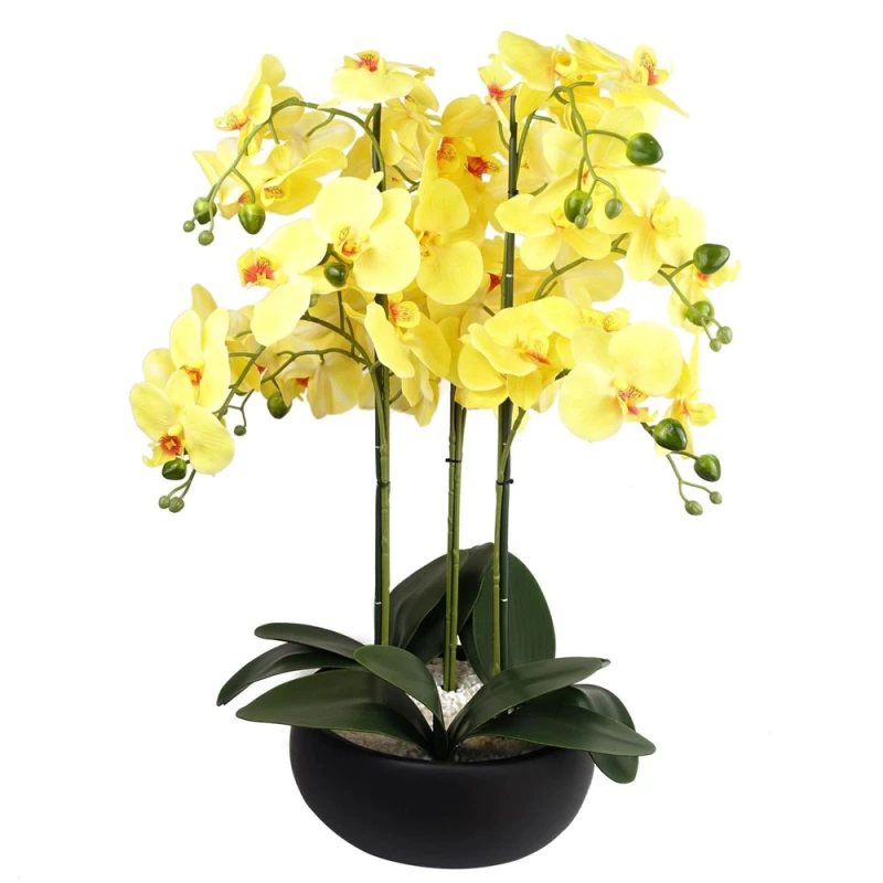 Image of Leaf Orchid Artificial Yellow Black Ceramic Planter Botanik Green