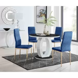 Image of Furniture Box Giovani Round Black 100Cm Table and 4 Navy Velvet Milan Gold Leg Chairs