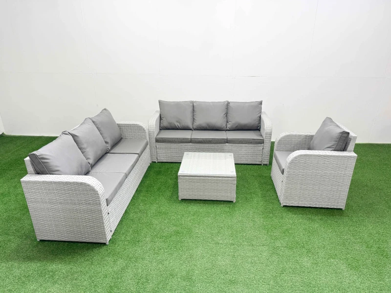 Image of Fimous 7 Seater Poly Rattan Outdoor Garden Furniture Square Coffee Table Sofa Set Patio 3 Seater Sofa Reclining Chair 3 Seater Sofa Light Grey Light G