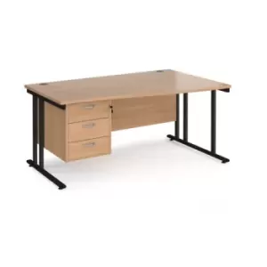 image of Office Desk Right Hand Wave Desk 1600mm With Pedestal Beech Top With Black Frame Maestro 25 MC16WRP3KB