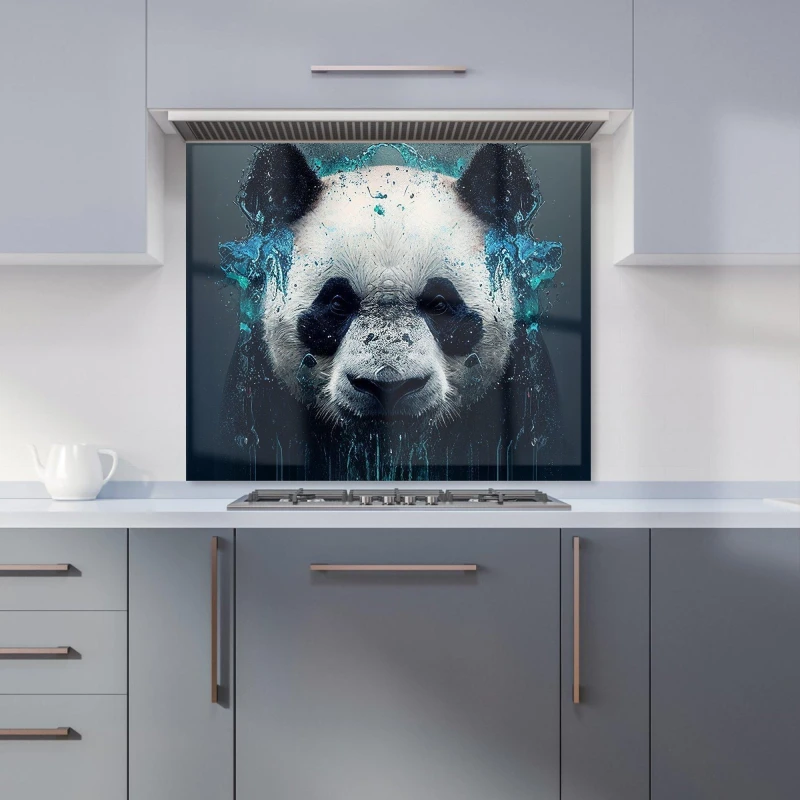 Image of Warren Reed - Designer Panda Face Splashart Dark Background Kitchen Splashback in Blue Size: 600mm x 750mm Blue Unisex 600mm x 750mm