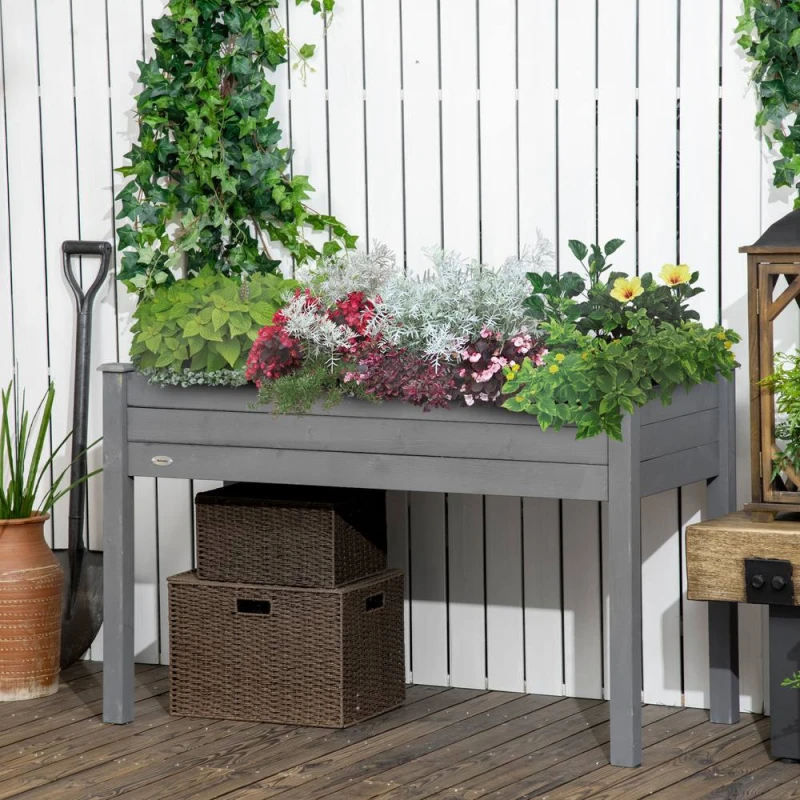 Image of Outsunny Garden Wooden Planter Flower Raised Bed, Dark Grey