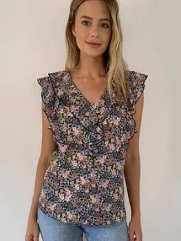 Image of Wallis Petite Ditsy Ruffle Top - Black, Size 10, Women