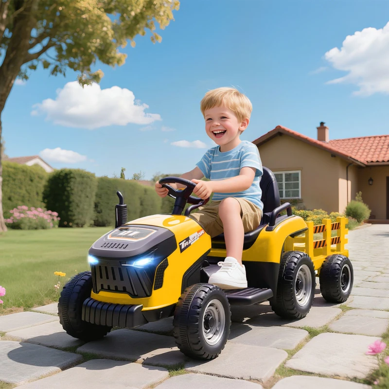 Image of AIYAPLAY Ride on Tractor and Trailer, 12V Electric Ride on Tractor, Yellow, Yellow 370-389V70YL