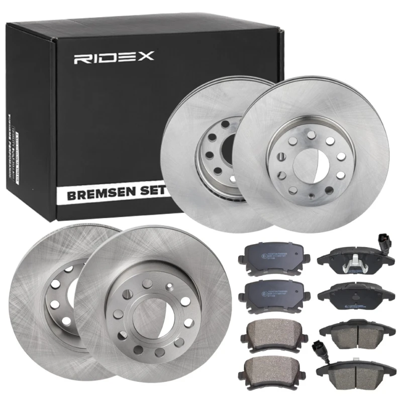 Image of RIDEX 3405B0334 Brake disc and pads set Front Axle, Brake Disc Type: Solid, excl. wear warning contact Brake Set,disc brakes (3405)