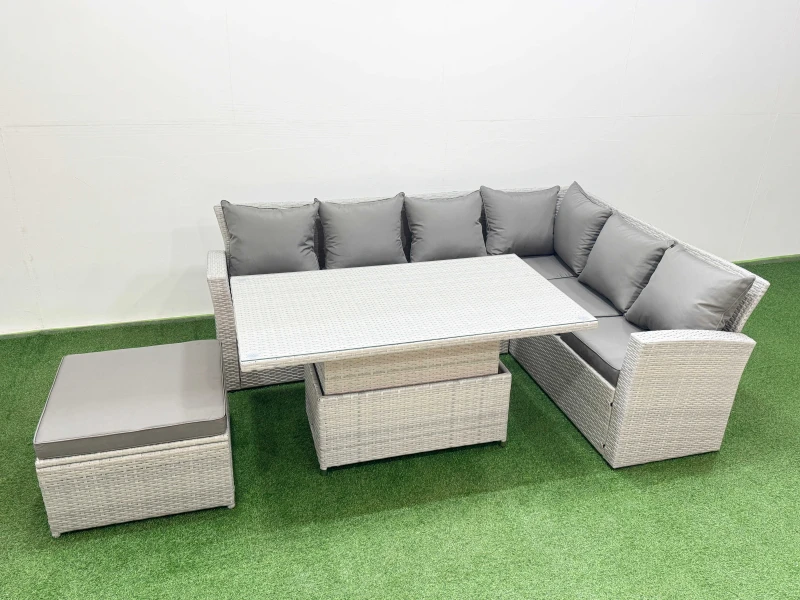 Image of Fimous 7 Seat Rattan Garden Furniture Corner Sofa Set with Armchair Big Stool in Light Grey Light Grey Unisex