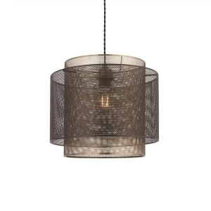 Image of 1 Light Cylindrical Pendant Matt Black Paint, Antique Brass Mesh, E27