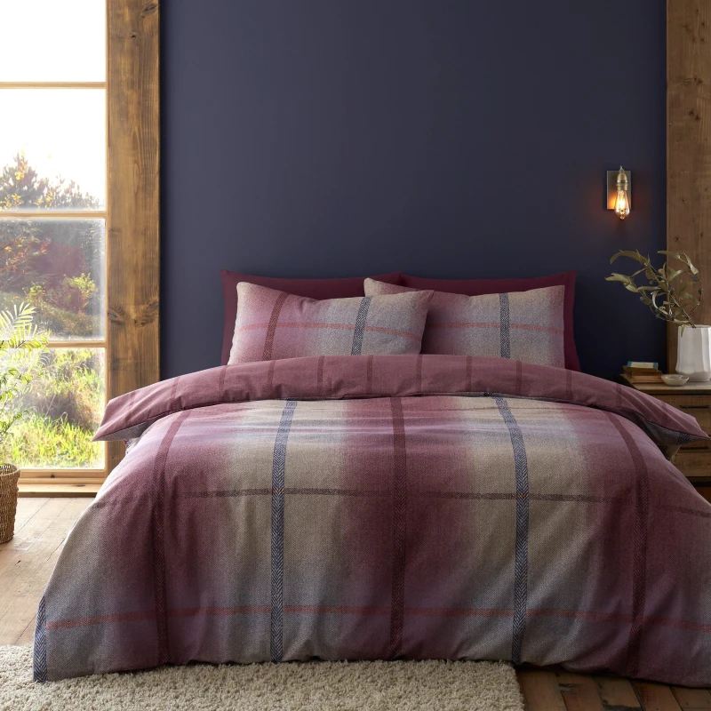 Image of Catherine Lansfield Bedding Brushed Cotton Melrose Tweed Check Reversible Duvet Cover Set With Pillowcase Plum