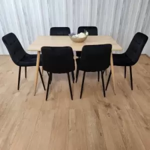 Image of Rectangle Oak Effect Kitchen Dining Table With 6 Black Velvet Tufted Chairs Dining Set