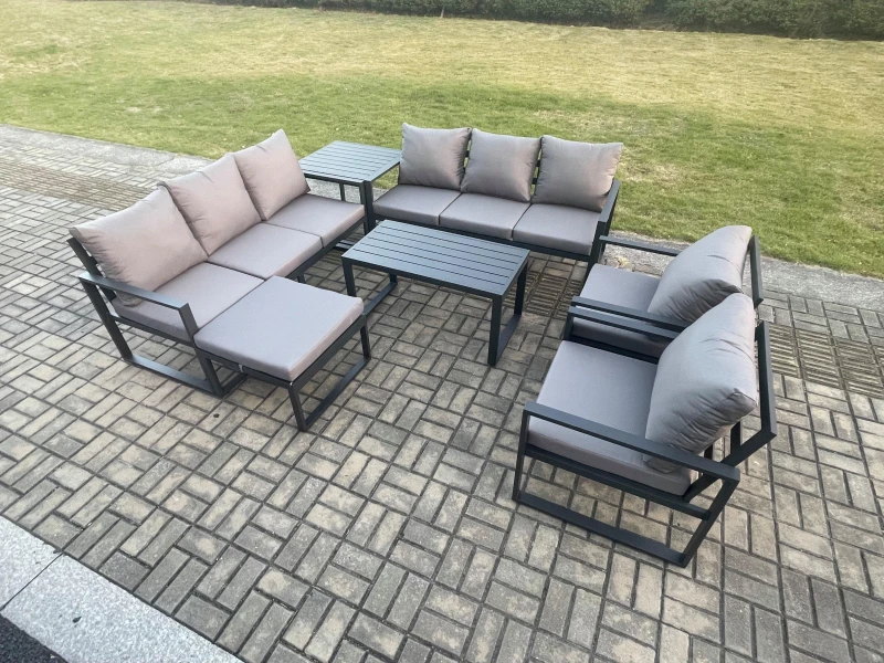 Image of Fimous Aluminium Outdoor Garden Furniture Set 9 Seater Garden Sofa with Oblong Coffee Table Big Footstool Side Table Dark Grey Dark Grey Unisex
