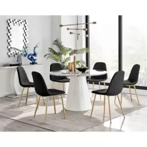 Image of Furniture Box Palma White Marble Effect Round Dining Table and 6 Black Corona Gold Leg Chairs