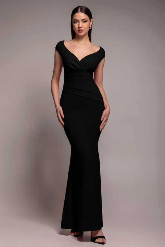 Image of Goddiva Womens Bardot Pleated Maxi Dress in Black Size: 18 Black Female 18