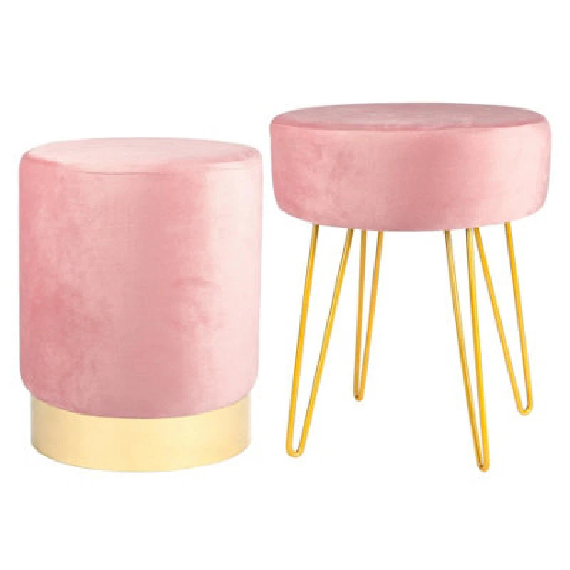 Image of Harbour Housewares 2 Piece Velvet Footstools Set - Pink - Round Luxe Living Room Bedroom Dressing Table Accent Pouffe