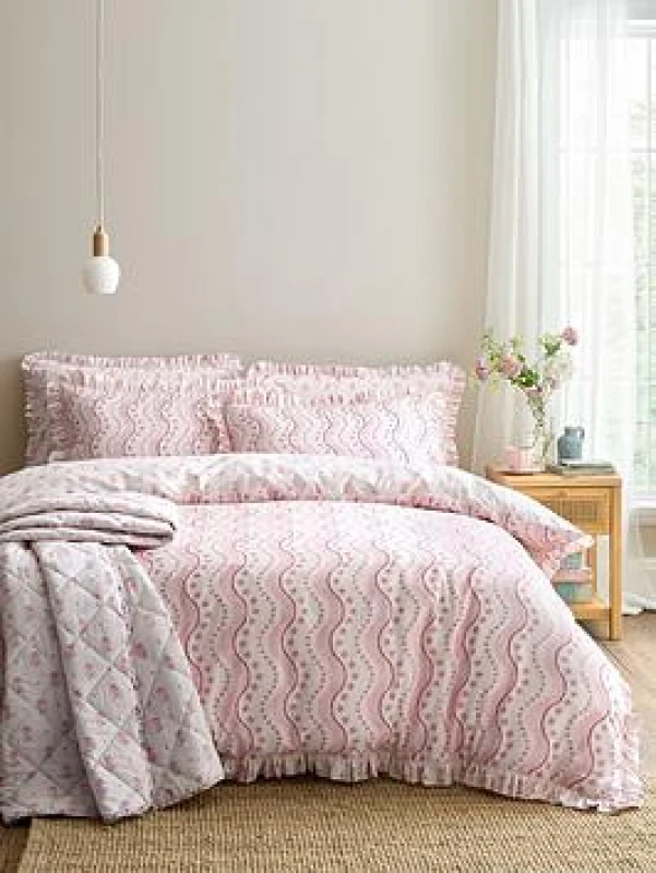 Image of Cath Kidston Spitalfield Silk Stripe Reversible Cotton Duvet Cover And Pillowcase Set Pink Cotton DOUBLE (200X200cm)