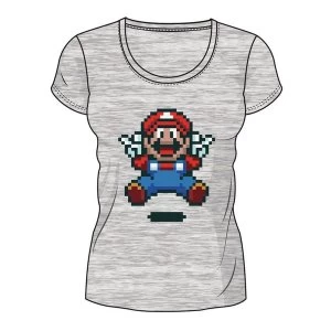 image of Nintendo - Pixelated Jumping Mario Womens Small T-Shirt - Grey