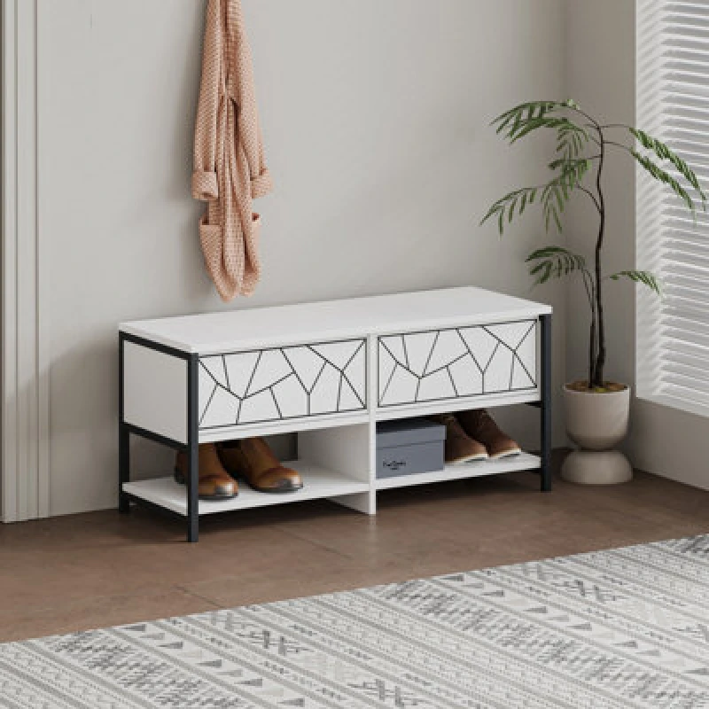 Image of Decortie Modern Inola Shoe Bench White Engineered Wood Geometric Laser-Cut Shape On 2-Door Cupboard 105(W)Cm Metal Legs Hallway