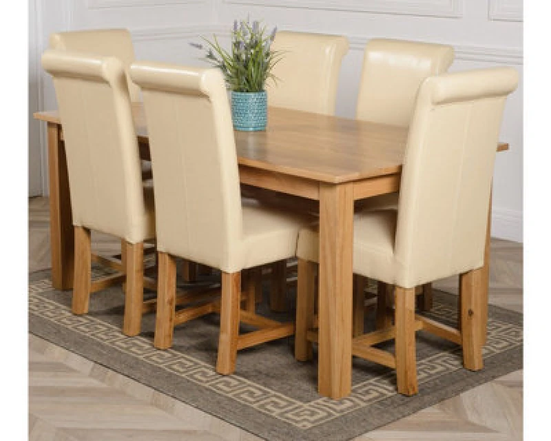 Image of Thats Furniture Oslo 180 x 90cm Large Oak Dining Table & 6 Washington Leather Chairs in Cream Cream Unisex 180 x 90 cm