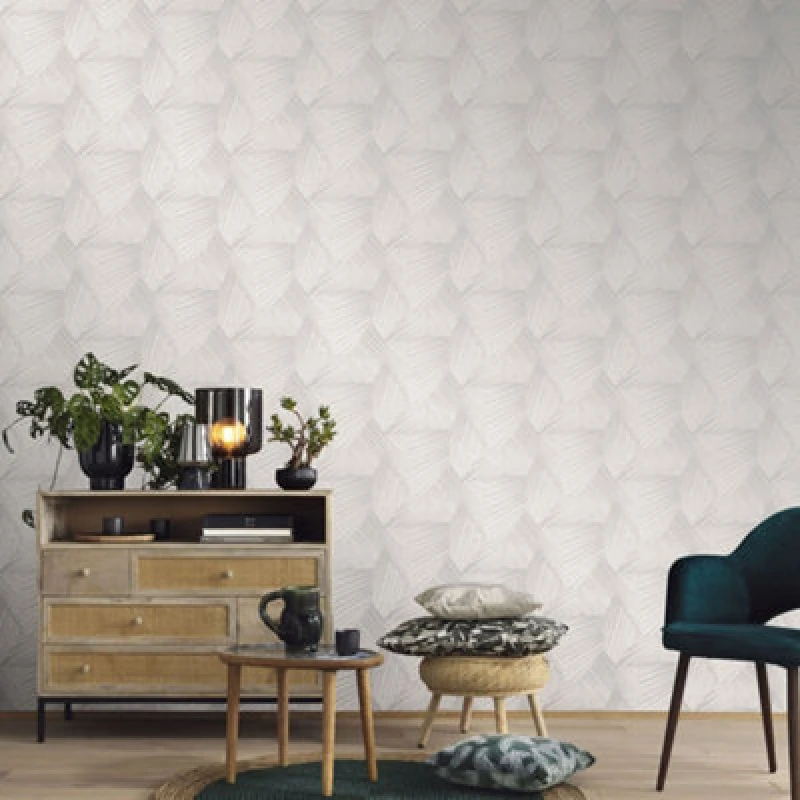Image of Galerie Elle Decoration Light Grey Cream Art Deco Geometric Embossed Wallpaper