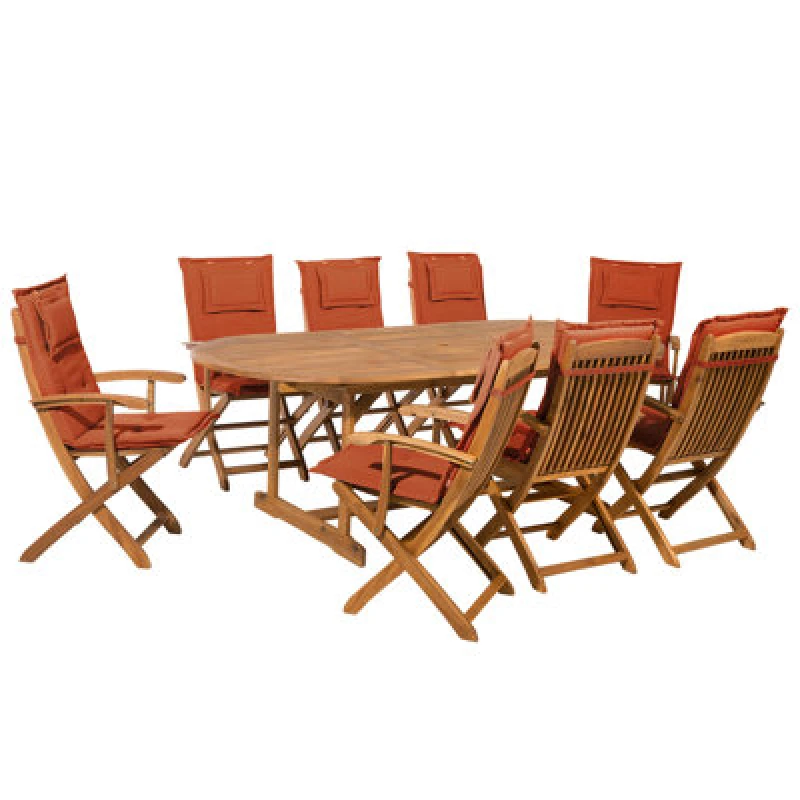 Image of Beliani Garden Dining Set 8 Seater Maui With Cushions Acacia Wood Dark Red