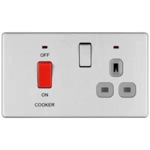 Image of Bg Brushed Steel 45A Cooker Connection Unit Switched Socket with Power Indicator Grey Surround - Screwless Flatplate - 286921