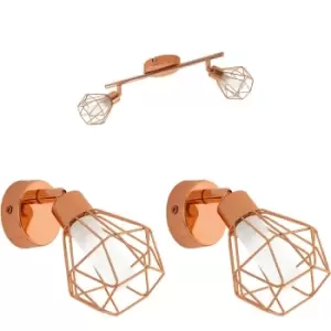 Image of Twin Ceiling Spot Light & 2x Matching Wall Lights Copper Geometric Wire Cage