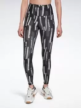 image of Reebok Myt Allover Print Leggings, Black, Size 2Xs, Women