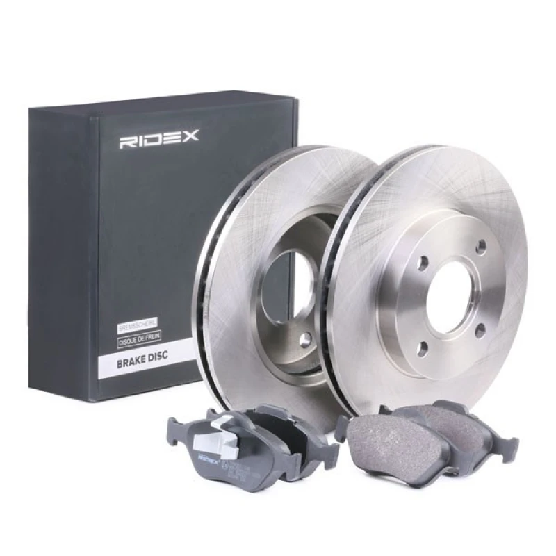 Image of RIDEX 3405B0057 Brake disc and pads set Front Axle, Brake Disc Type: Vented, excl. wear warning contact Brake Set,disc brakes (3405)