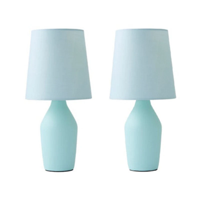 Image of ValueLights Arlo Pair of Compact Ceramic Table Lamps with Fabric Shades and LED Bulbs Blue