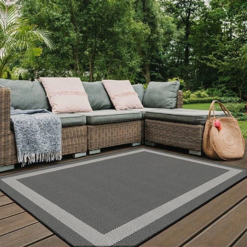 Image of THE RUGS Reversible Outdoor Rugs in Bordered Design Duo Weave Collection in Charcoal Size: 120cm x 170cm Charcoal Unisex 120cm x 170 cm