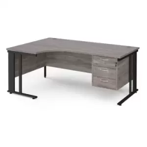 image of Maestro 25 left hand ergonomic desk 1800mm wide with 3 drawer pedestal - Black cable managed leg frame and grey oak top