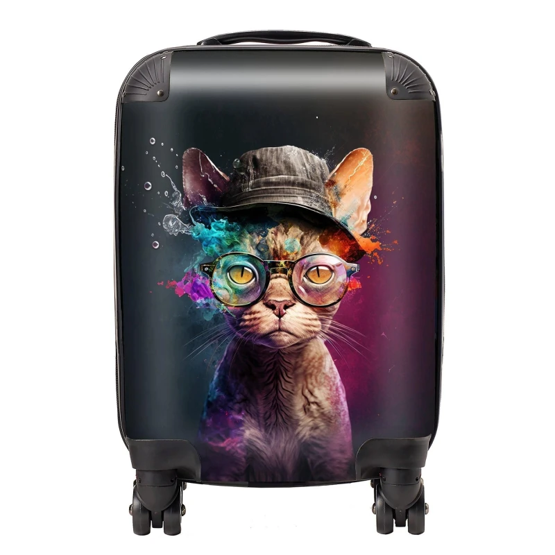 Image of Warren Reed - Designer Devon Rex Cat With Hat Splashart Suitcase Size: Large Multicolor Unisex Large
