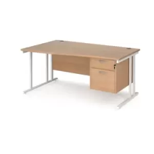 Image of Office Desk Left Hand Wave Desk 1600mm With Pedestal Beech Top With White Frame Maestro 25 MC16WLP2WHB