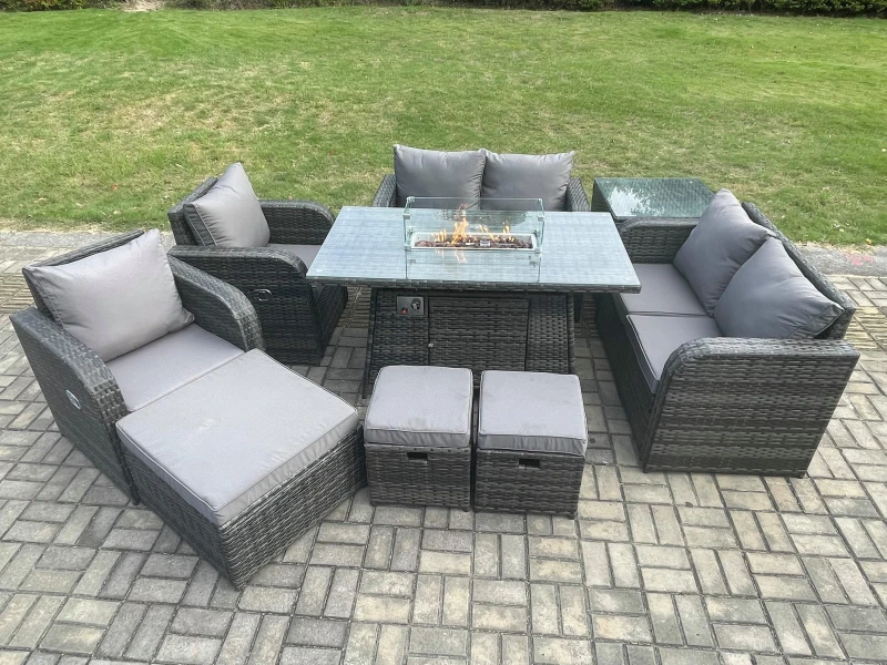 Image of Fimous 9 Seater Rattan Garden Furniture Set Propane Gas Fire Pit Table and Sofa Chair set with 3 Footstool Side Table Dark Grey