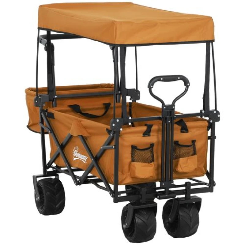 Image of Outsunny Outdoor Push Pull Wagon Stroller Cart w/ Canopy Top Orange
