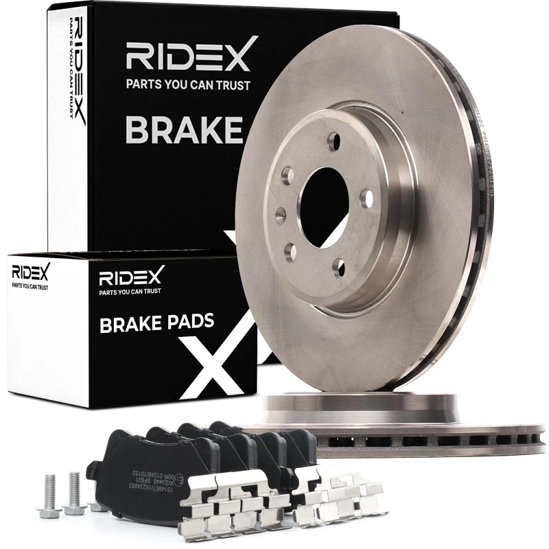 Image of RIDEX 3405B0852 Brake disc and pads set Front Axle, Brake Disc Type: internally vented, excl. wear warning contact Brake Set,disc brakes (3405)