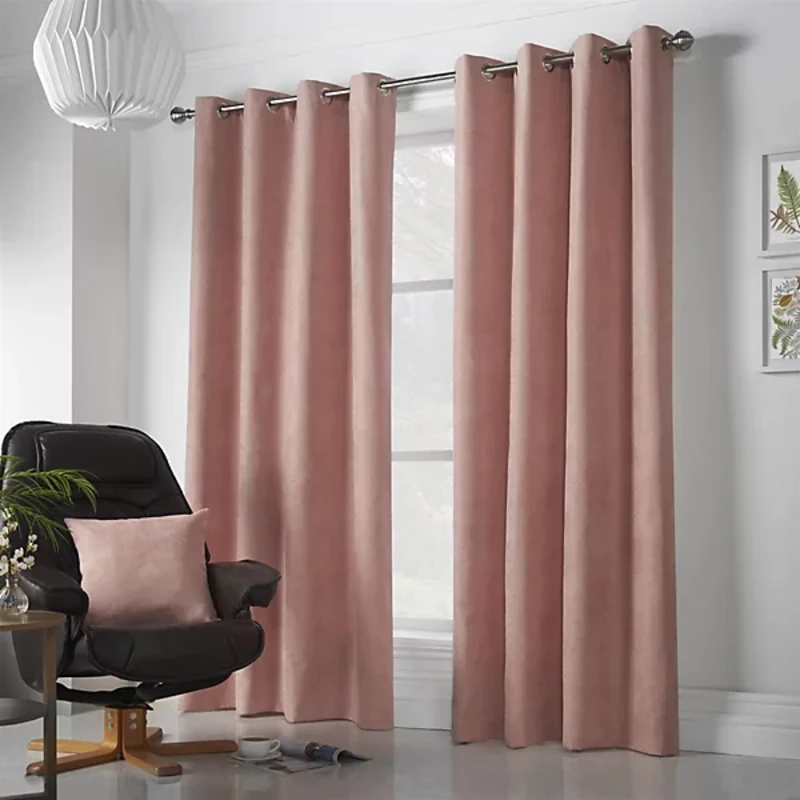 Image of Velvet Chenille Ready Made Eyelet Curtains Blush